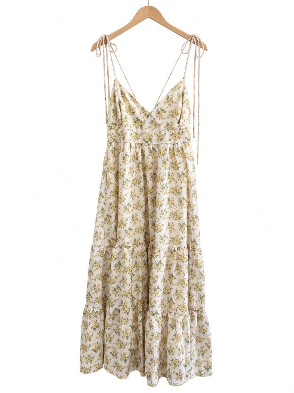 Floral print double self tie spaghetti strap tiered midi dress. Small - Picture 7 of 7
